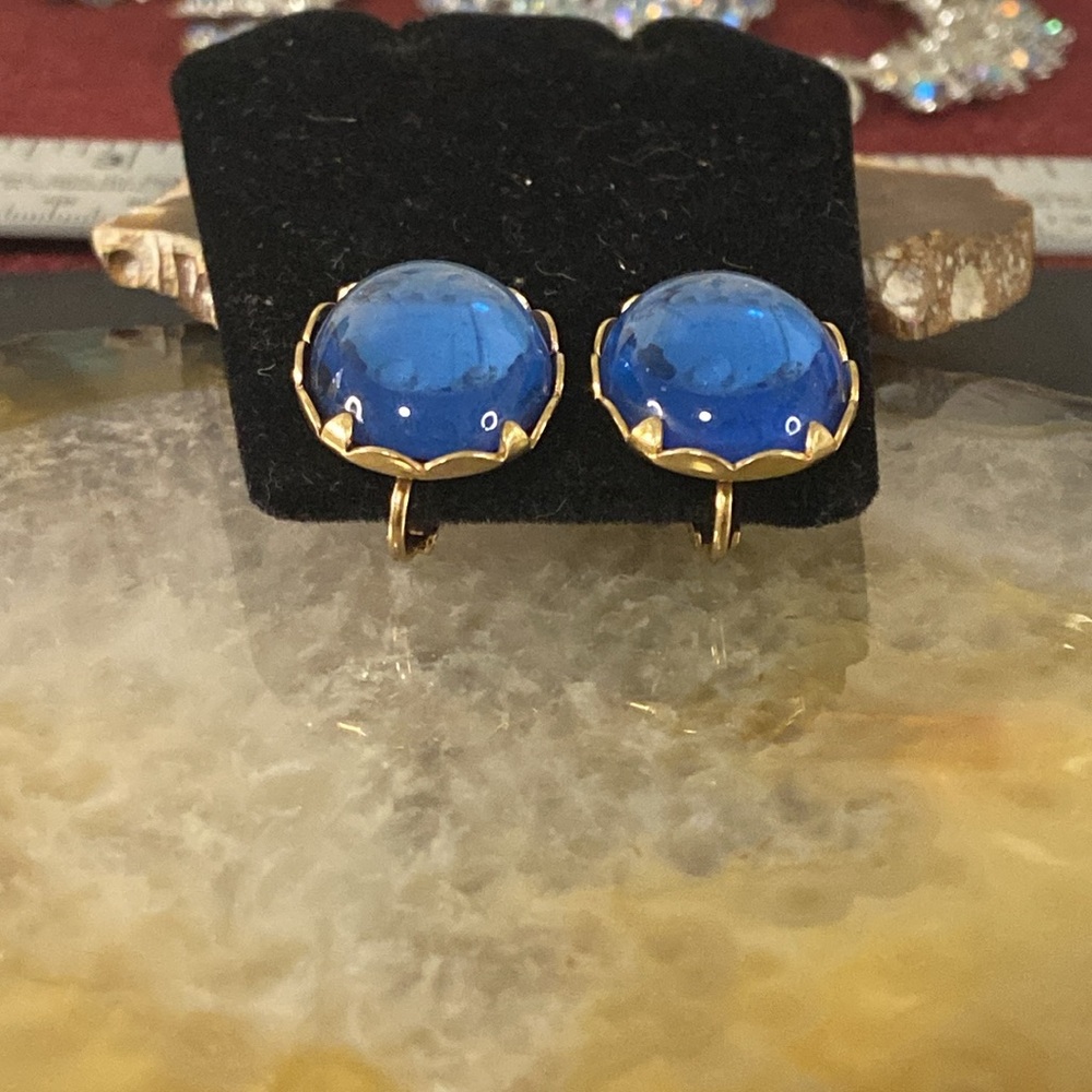 Sold EmJ Emmons vintage blue & gold clip on earrings 1" 1949-55 - Picture 5 of 15